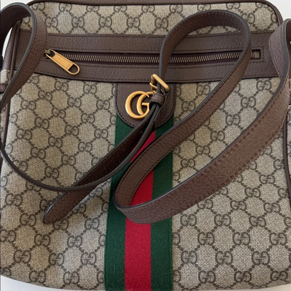 Gucci Brown GG Supreme Canvas Crossbody Bag with Red & Green Stripe